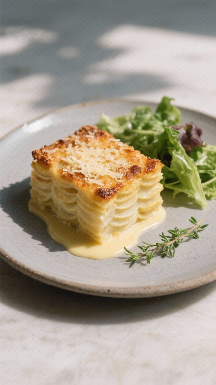 Final plated presentation: a neatly cut square of scalloped potatoes showing defined, tender layers 