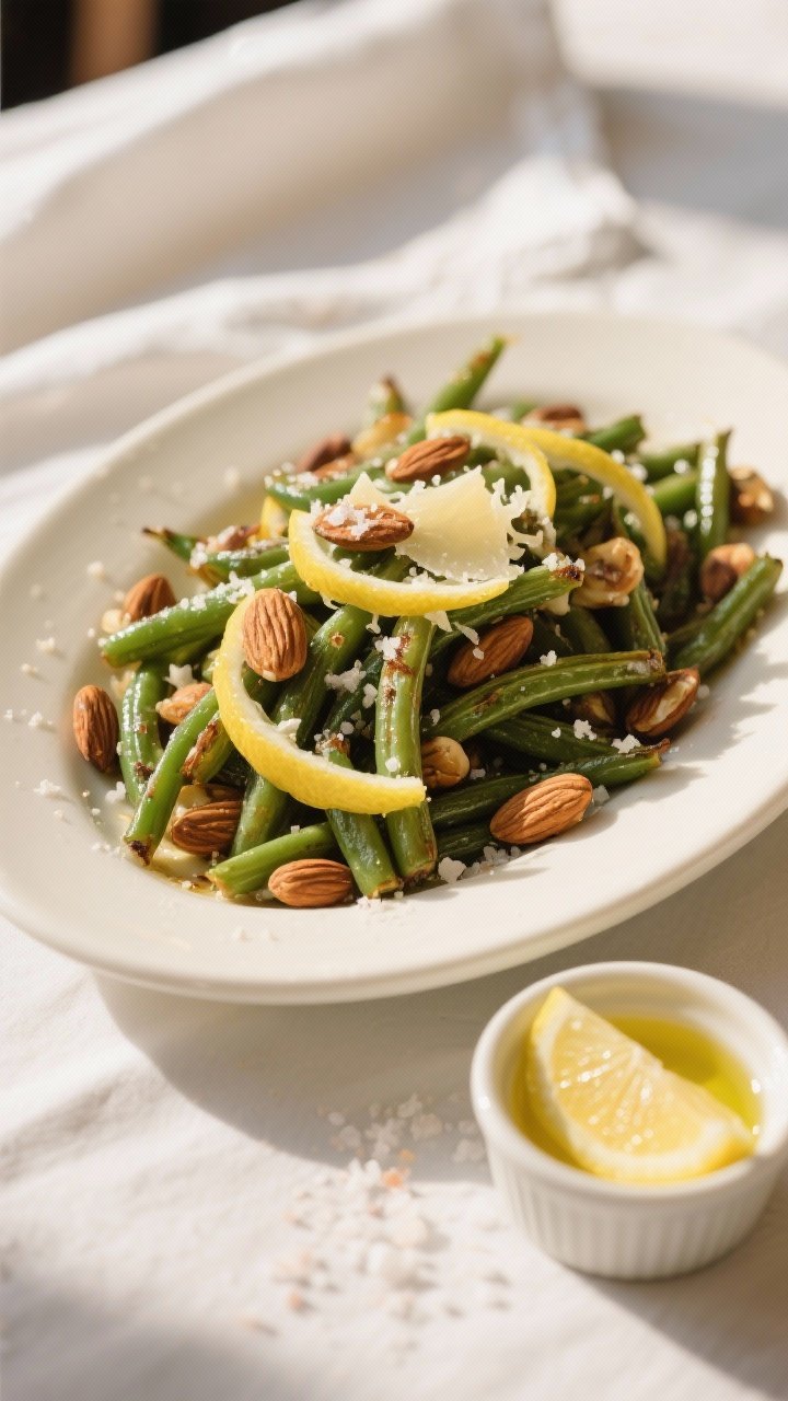 Final plated presentation: roasted green beans with almonds piled on a warm white oval platter, fini