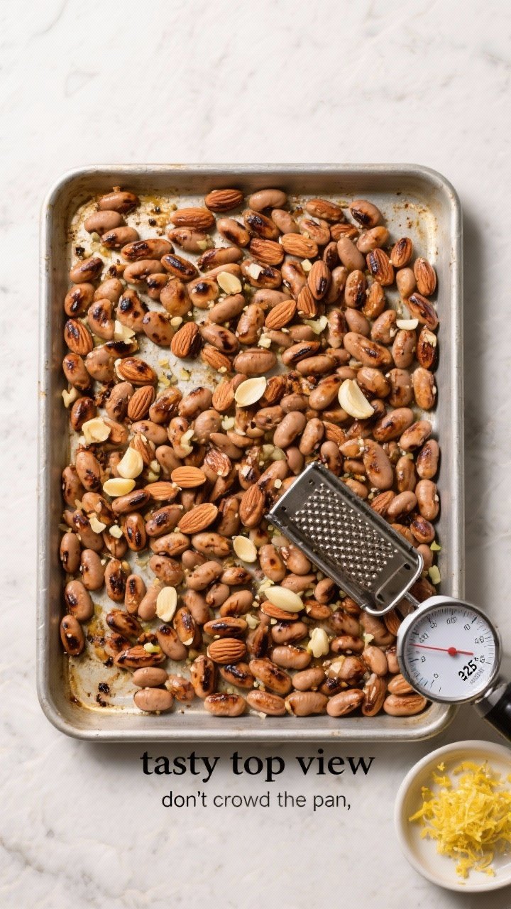 Overhead “tasty top view” of the cooking process mid-roast: hot rimmed sheet pan pulled from the