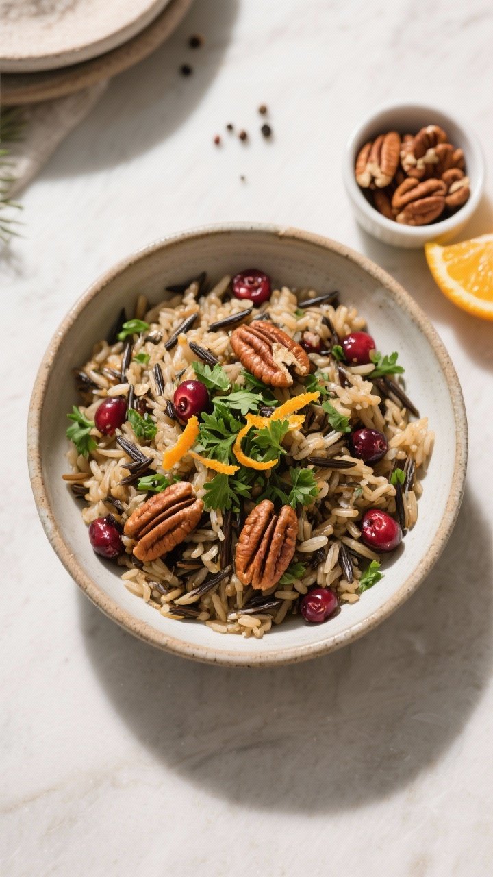 Tasty top-view final presentation: Overhead shot of the finished Wild Rice Pilaf with Cranberries & 