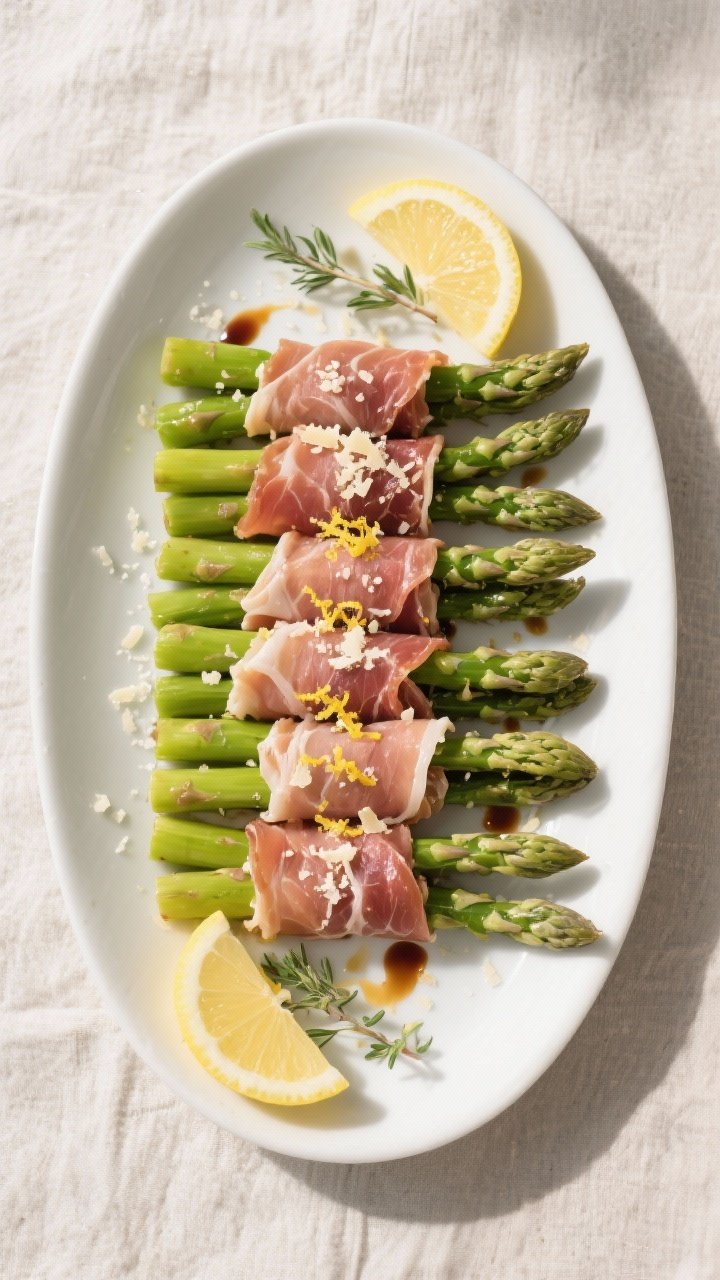Tasty top view final presentation: Overhead shot of a platter of prosciutto-wrapped asparagus arrang