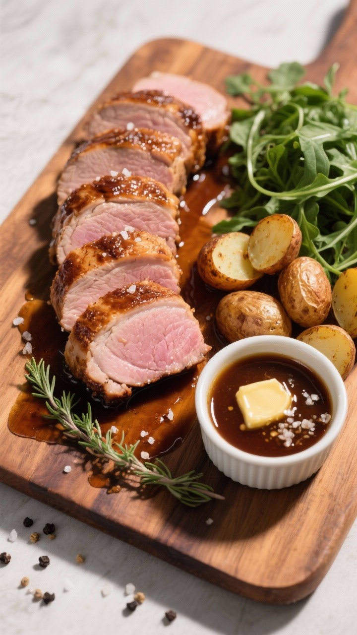 Tasty top view, overhead: Overhead shot of sliced brown sugar bourbon pork tenderloin arranged in ne