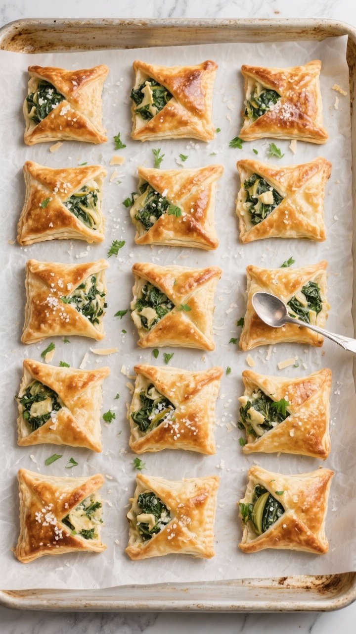 Tasty top view: Overhead shot of 24 spinach artichoke puff pastry “envelopes” baked free-form on