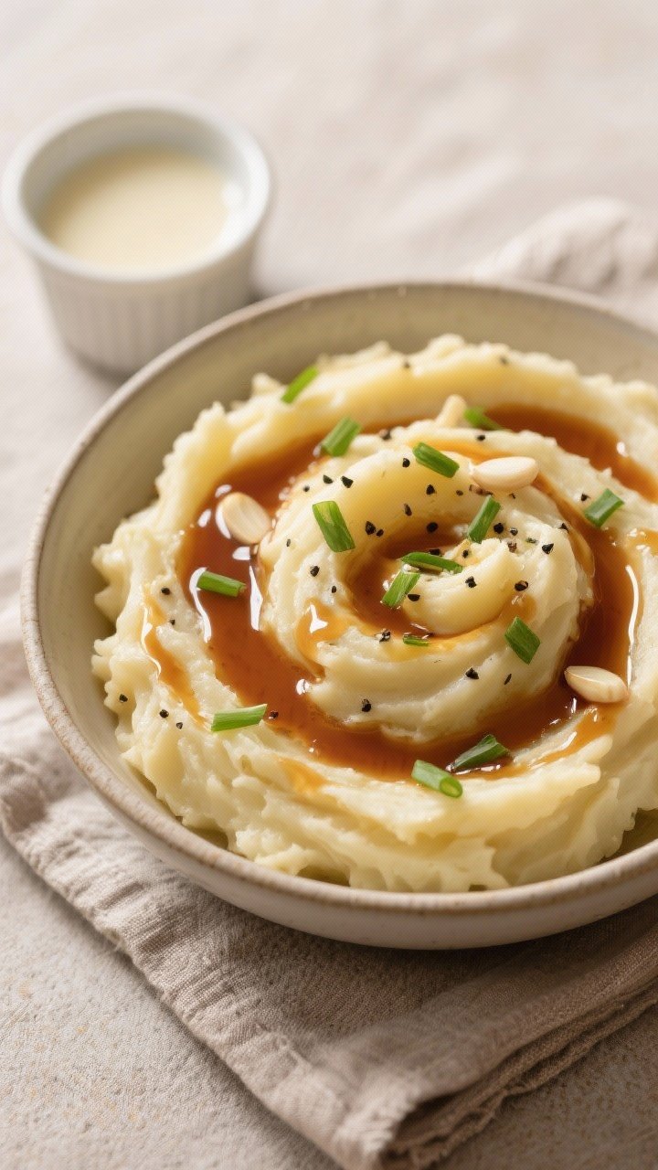 Tasty top view: Overhead shot of a serving bowl of brown butter garlic mashed potatoes with pronounc