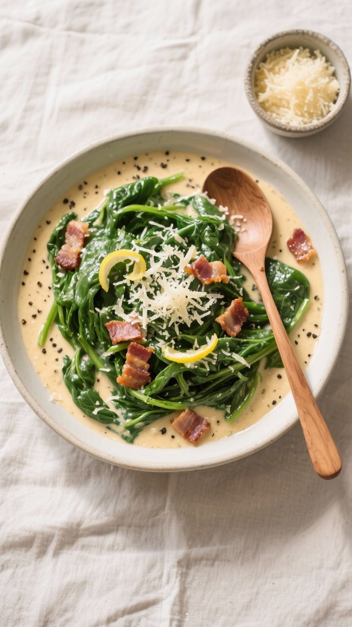 Tasty top view: Overhead shot of a warm serving bowl of Parmesan Creamed Spinach finished with extra