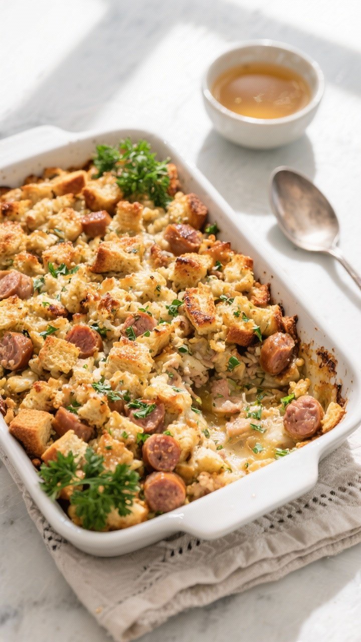 Tasty top view: Overhead shot of freshly baked Sausage & Herb Stuffing in a 9x13 baking dish—deep 