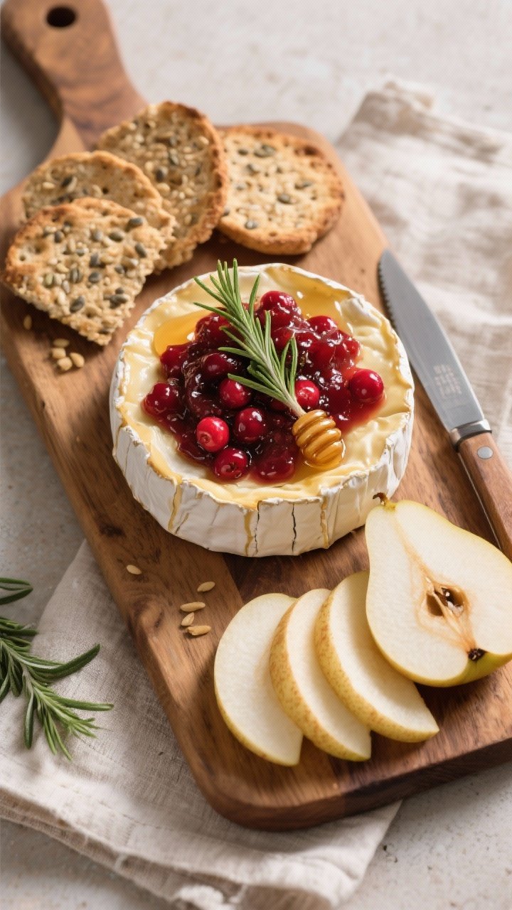 Tasty top view: Overhead shot of the final Baked Brie with Cranberry Chutney set on a wooden board; 