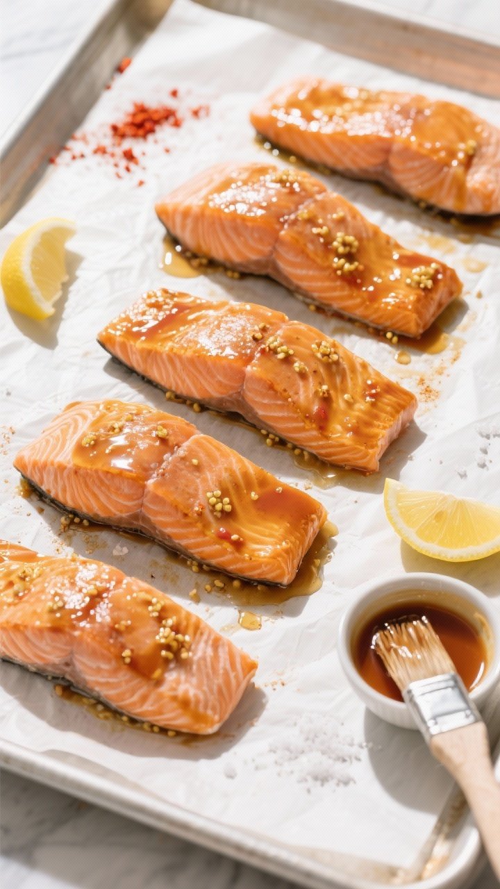 Tasty top view process shot: Overhead of four salmon fillets on a parchment-lined baking sheet, gene
