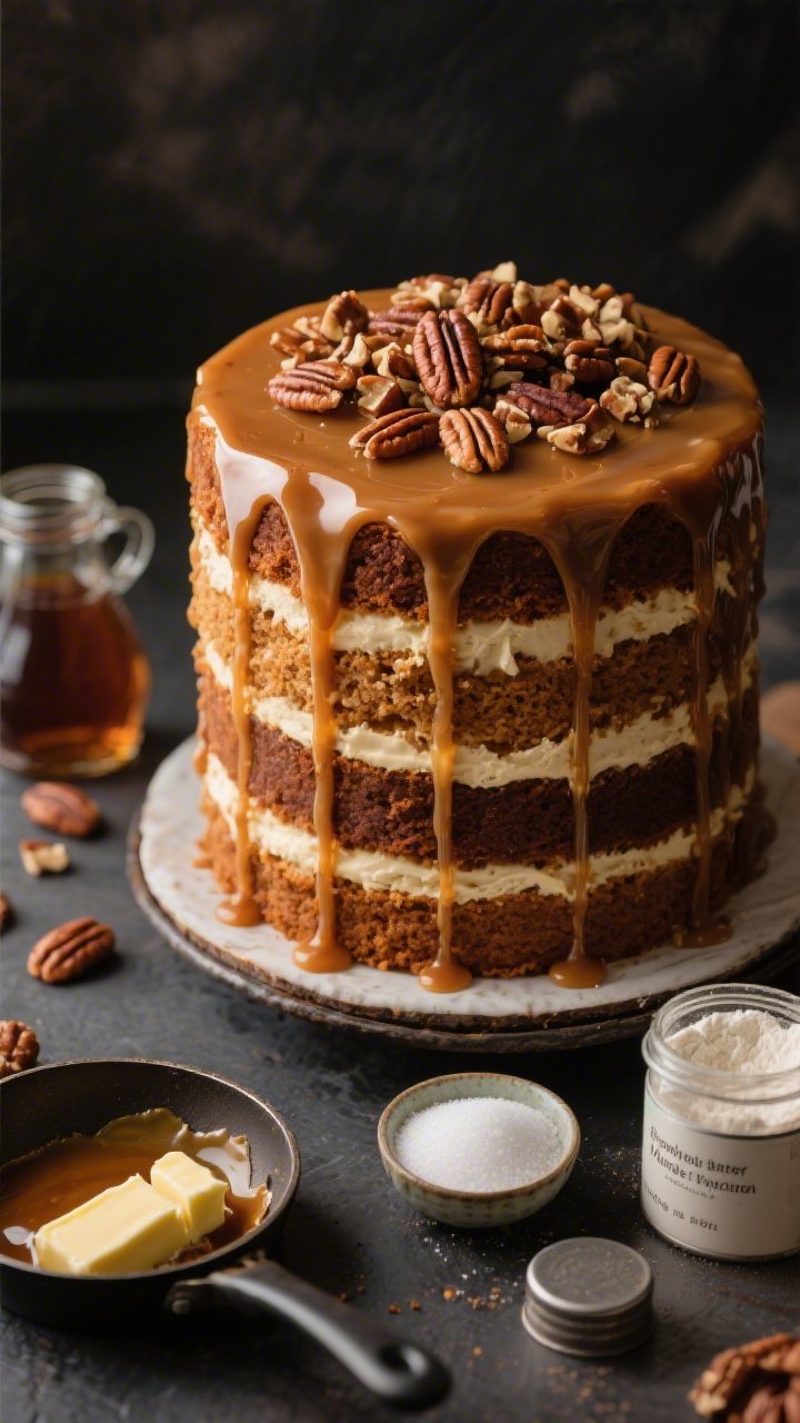 45-degree angle close-up of a tall Brown-Butter Maple Pecan Layer Cake with a glossy maple-caramel drip cascading down the sides: even layers made with browned unsalted butter, a tender, fine crumb; the top garnished with chopped toasted pecans; visible ingredients styled around—sticks of butter in a skillet showing browned milk solids, a jar of pure maple syrup, a bowl of granulated sugar, a canister of all-purpose flour, and a small dish labeled baking powder; moody backdrop, tight focus on the shiny drip and nut texture.