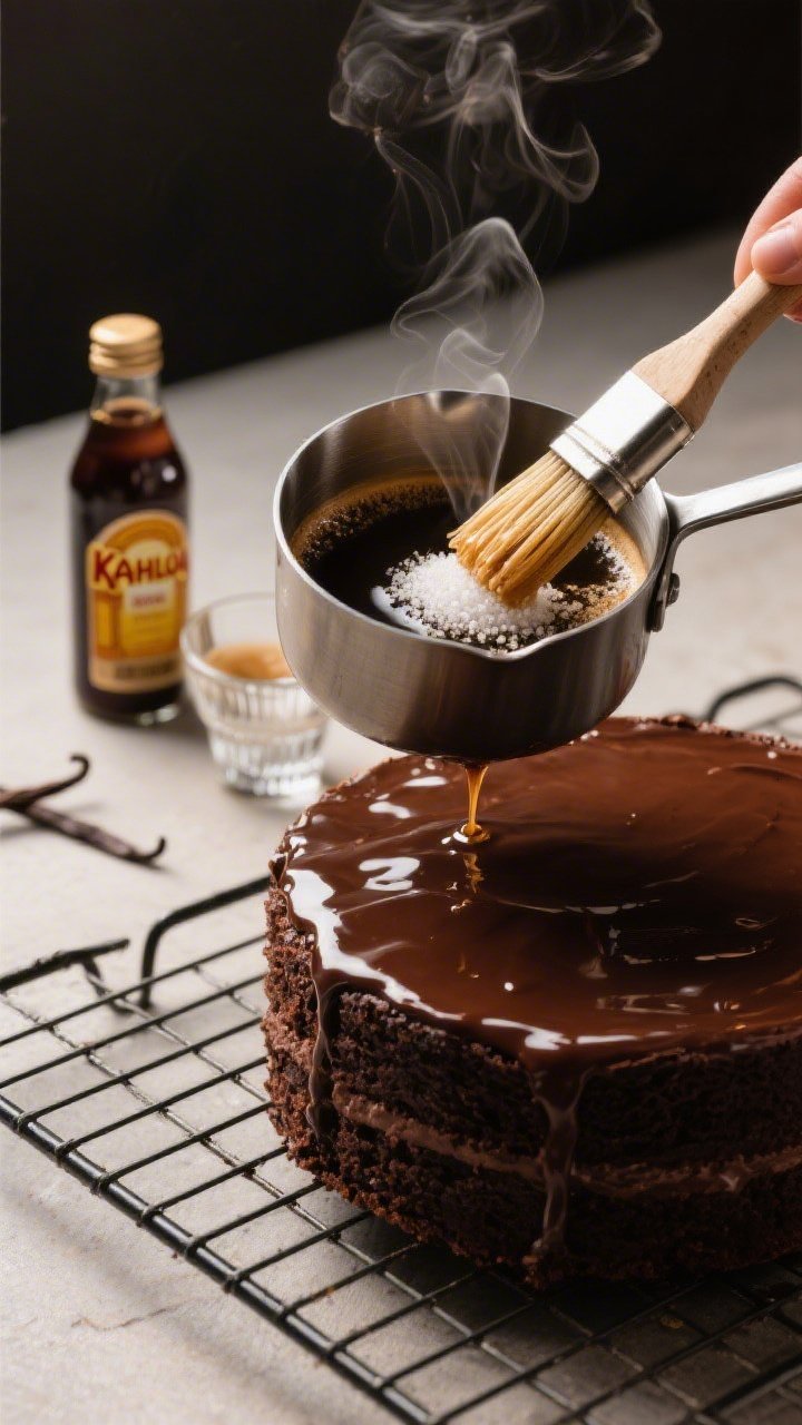 45-degree angle close-up of the Espresso Soak in action: a small saucepan with freshly brewed espresso shimmering, granulated sugar dissolving, and a vanilla extract bottle nearby; optional coffee liqueur (Kahlúa) in a tiny glass. Show a pastry brush mid-drip over a cooled chocolate cake layer on a wire rack, glossy coffee sheen soaking in. Steam curls visible, warm light, deep espresso browns contrasting with dark cake; minimalist café vibe, no people.