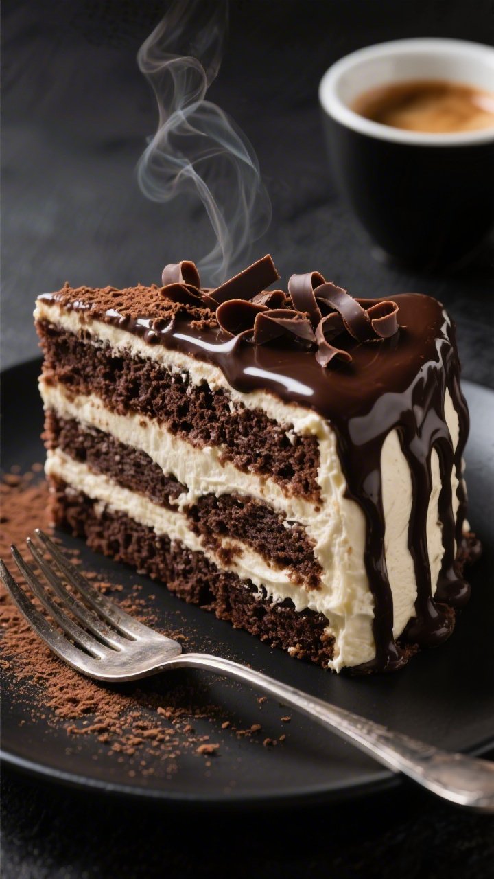 45-degree angle, close-up plated slice of Espresso-Boosted Chocolate Tiramisu Layer Cake: dark chocolate sponge layers soaked with strong espresso, ribbons of mascarpone filling marbled with melted bittersweet chocolate, glossy espresso-chocolate ganache drip on the outer edge, finished with a dusting of cocoa and micro curls of chocolate; served on a matte black plate with a silver fork and a small espresso cup in the background; emphasize contrast of velvety cream and rich cocoa crumb, slight steam rising from espresso.