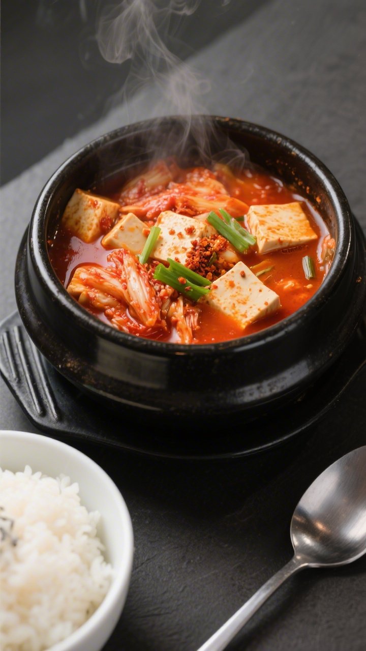 45-degree angle comfort bowl of Korean Kimchi Jjigae-Style Hot Pot: deep red-orange broth in a black ttukbaegi-style vessel, generous chunks of well-fermented kimchi, gochujang gloss, specks of gochugaru, tofu cubes and scallions nestled in; soy sauce depth evident in the sheen; steam curls upward, white rice bowl and stainless steel spoon nearby, punchy, homey, spicy warmth.