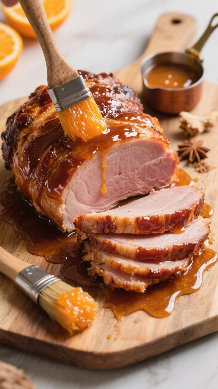 45-degree angle hero shot of a glossy brown sugar spiral ham on a carving board, lacquered with a sticky orange-mustard glaze made from brown sugar, orange marmalade, Dijon, apple cider vinegar, and ground ginger. Visible spiral slices fanned slightly to show juiciness, glaze pooling at the edges, with a basting brush and a small saucepan of the orange-mustard glaze beside it. Warm, celebratory brunch mood, rich highlights on the glaze, no people.