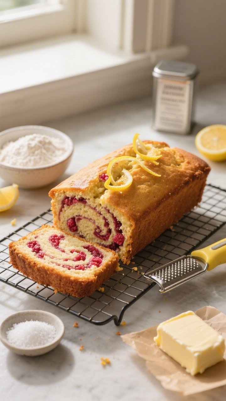 45-degree angle of a cozy lemon-raspberry swirled loaf cake cooling on a wire rack, the golden crust split to reveal vivid raspberry ripple and tender crumb; thin lemon zest curls scattered on top, a small dish of granulated sugar, softened unsalted butter on parchment, and a zester with fresh lemon beside it; a bowl of all-purpose flour and a tin of baking powder nearby; warm, homey mood with natural window light and soft shadows.
