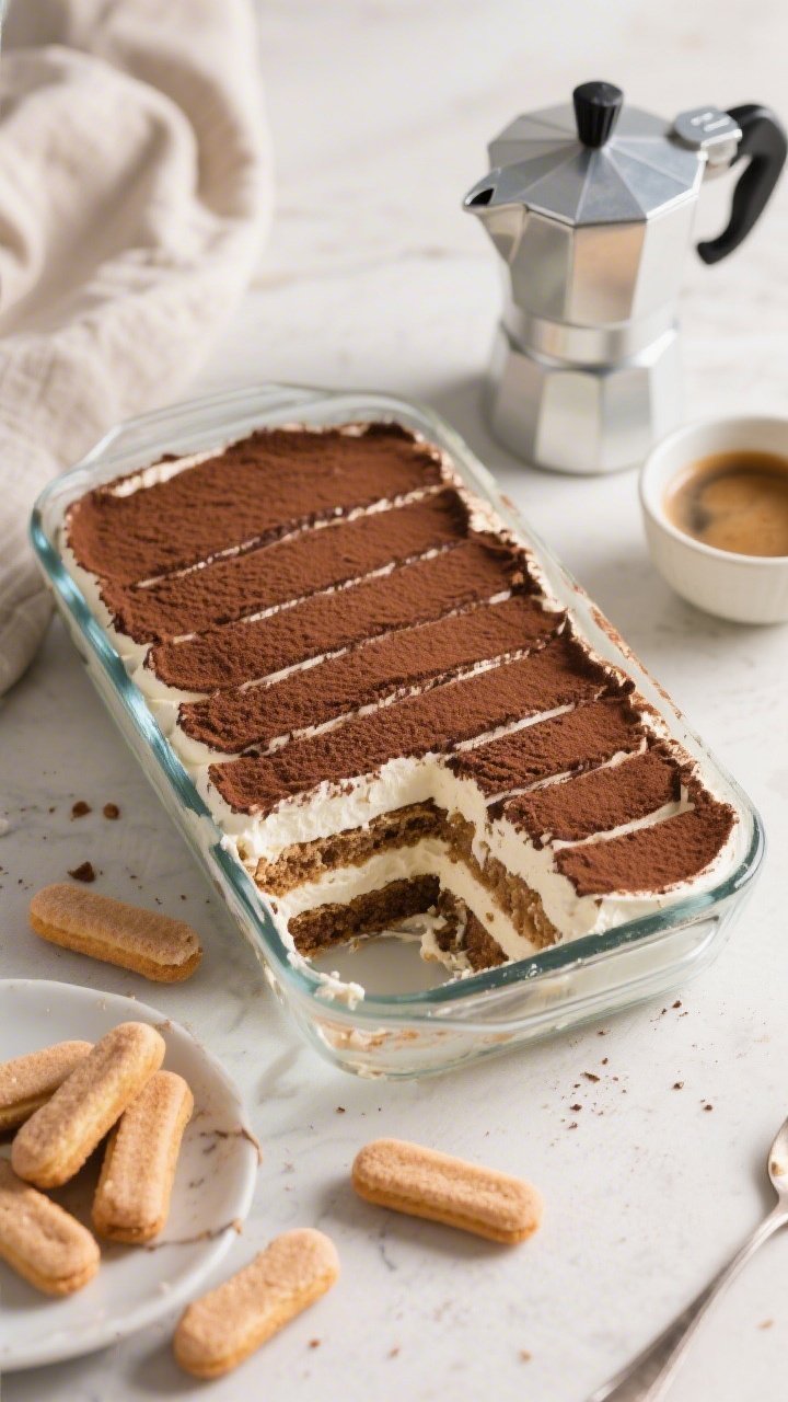 45-degree angle overhead of No-Bake Tiramisu “Layer Cake” With Ladyfingers: a rectangular glass dish showing tidy layers of espresso-dipped ladyfingers and lush mascarpone cream, topped with an even veil of cocoa powder; one corner scooped out to reveal the distinct strata and creamy texture; scattered dry ladyfingers, a moka pot, and a small bowl of cooled espresso nearby; casual homey feel, soft afternoon light, focus on the no-bake simplicity and velvety spoonable texture.