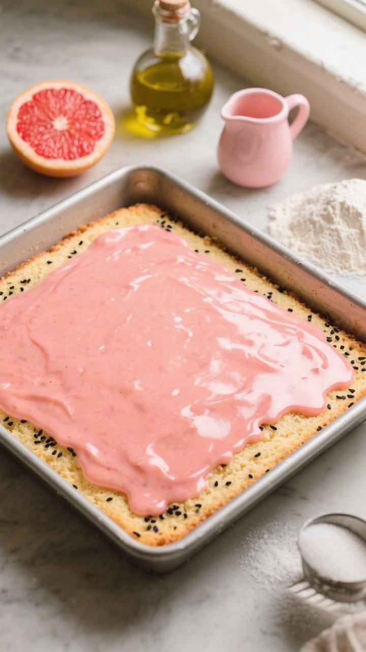 45-degree angle pan shot of an olive oil grapefruit sheet cake still in the metal baking pan, top crowned with a glossy pink grapefruit drip that pools at the corners, scattered black poppy seeds for contrast; surface shows a moist crumb with a light golden hue; styling includes a cut ruby red grapefruit, a small pitcher of pink glaze, a bottle of olive oil, and measured piles of flour and sugar; warm natural window light, casual bakery vibe, appetizing sheen on the glaze.
