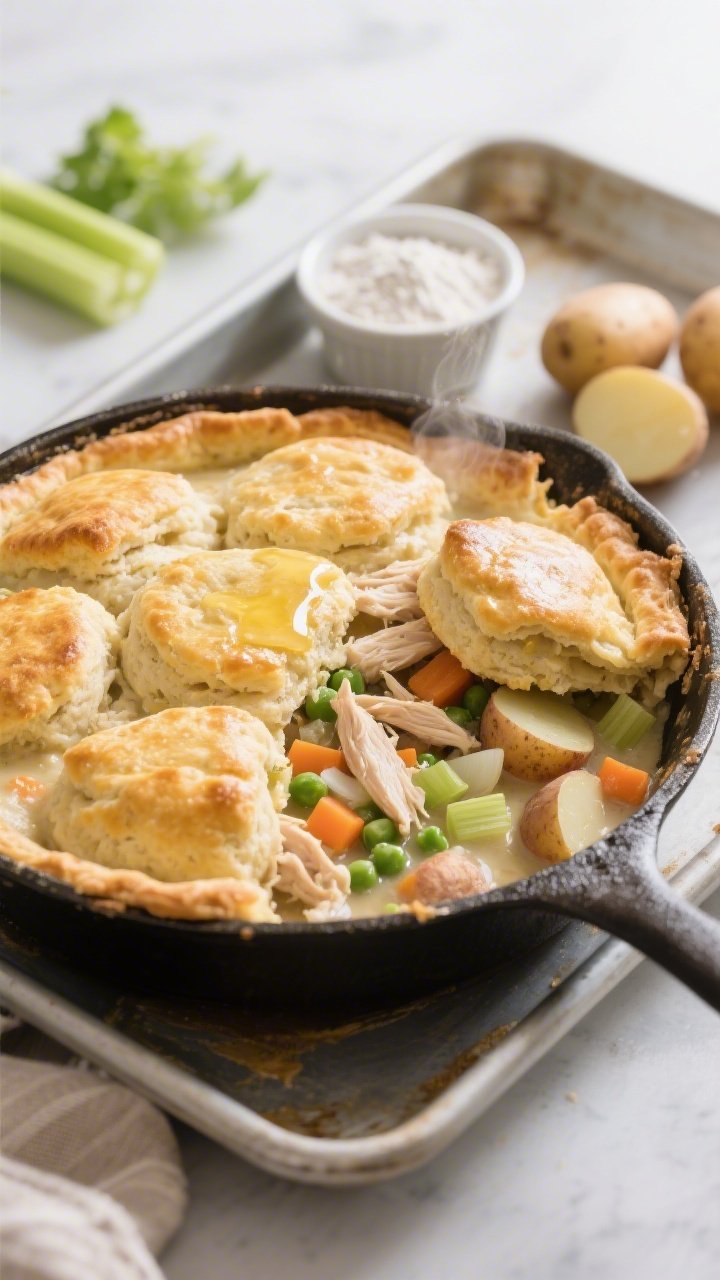 45-degree angle plated scene of a weeknight biscuit-topped pot pie in a cast-iron skillet: fluffy, golden drop biscuits crowning a rich rotisserie chicken filling, with visible shreds of chicken, peas and carrots, diced celery, diced onion, and halved baby potatoes in a lightly thickened sauce from flour; one biscuit pulled aside to show the steamy interior; brushed with melted butter; set on a sheet pan with a small ramekin of flour and a few raw baby potatoes and celery slices in the background; bright, family-dinner mood with clean, natural light.