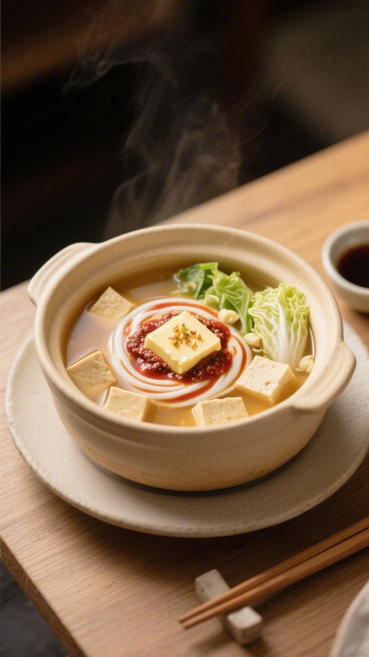 45-degree angle plated scene of Miso Comfort Hot Pot With Umami Butter: pale golden dashi-miso broth in a cream ceramic pot, swirls of white and red miso, a pat of umami butter melting on top, flecks of grated ginger and garlic, hints of mirin and sake gloss; arranged with tofu cubes, napa cabbage, and scallions peeking through; warm, cozy, soft light, wooden chopsticks and a small soy sauce dish to the side, inviting comfort-food atmosphere.