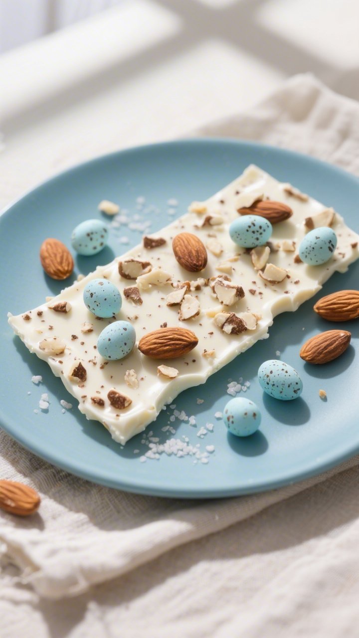 45-degree angle plated shot of Robin’s Egg Speckle Bark with almond crunch on a matte robin’s-egg-blue plate: white chocolate bark embedded with coarsely chopped roasted salted almonds and mini robin’s egg candies; surface lightly speckled with delicate cocoa “freckles” to mimic real robin eggs; a few whole almonds and unbroken robin’s egg candies scattered on a linen napkin; soft natural window light, shallow depth of field emphasizing the glossy bark and the salt-dusted nut texture.