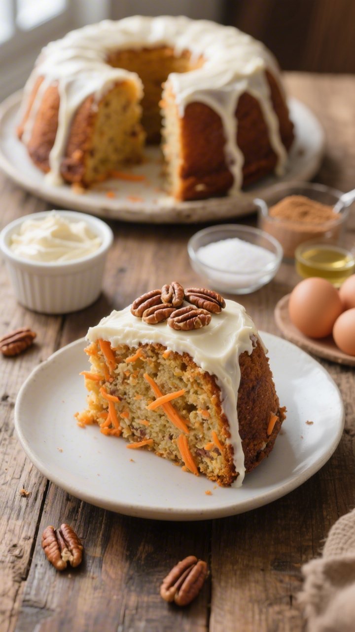 45-degree angle, plated slice of Carrot Cake Bundt with a silky cream cheese “veil” glaze gently cloaking the contours, topped with a halo of toasted pecans; moist interior visibly studded with fine carrot shreds; whole bundt in the background slightly out of focus; props include a ramekin of extra cream cheese frosting, a small dish of toasted pecans, and measured ingredients to the side—granulated sugar, light brown sugar, neutral oil, and 4 room-temp eggs; warm, cozy styling on a rustic wooden table, soft window light.