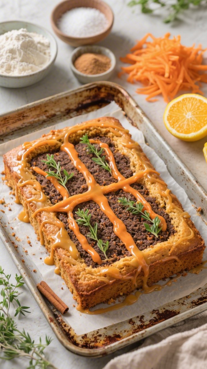 45-degree angle process shot of a Garden Patch carrot snack cake just out of the pan, golden-brown with a moist crumb, shallow crosshatch “garden bed” scored on top; glossy citrus glaze “veins” drizzled into the grooves, pooling slightly; visible flecks of cinnamon throughout; surrounding mise en place: bowls of all-purpose flour, baking powder, baking soda, fine sea salt, granulated sugar and light brown sugar, a mound of finely grated carrots, and a halved orange and lemon for the glaze; styled on a worn baking sheet with parchment, green herb sprigs to suggest a spring patch, natural window light