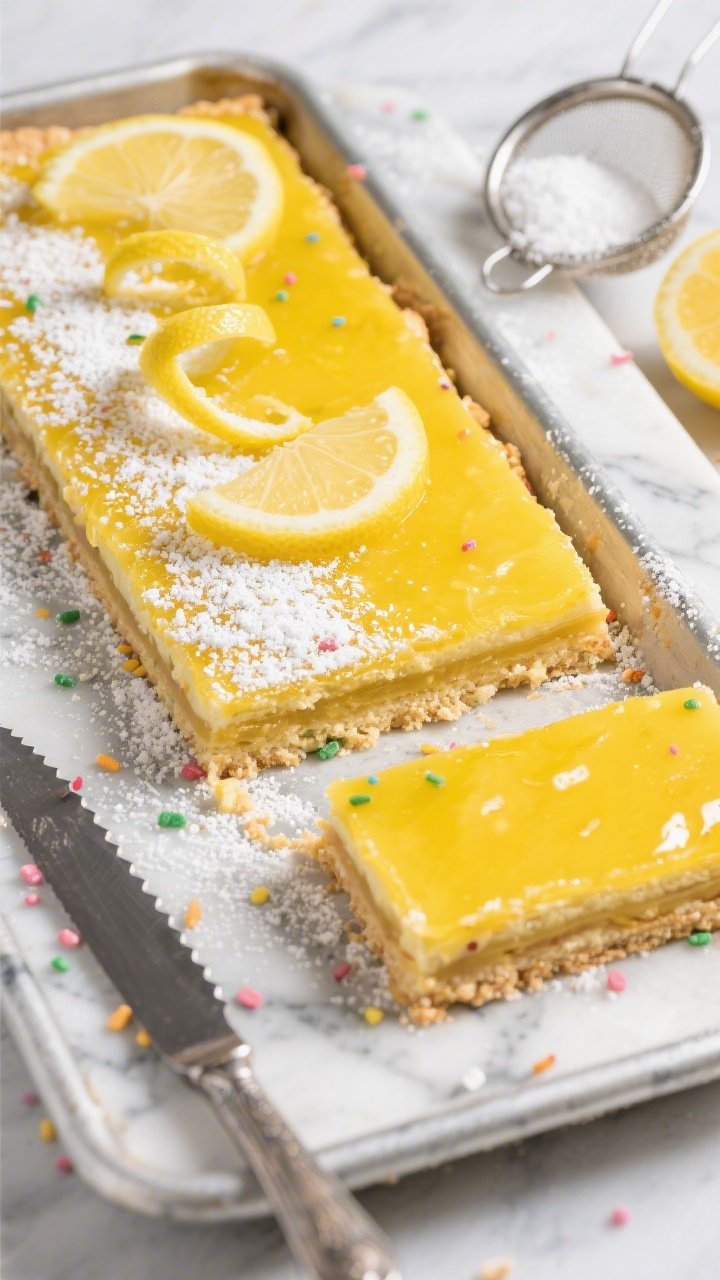 45-degree angle shot of a lemon bar sheet pan with a buttery shortbread base speckled like confetti (colorful nonpareils folded into the crust), topped with a glossy, vibrant yellow lemon curd layer; clean slices pulled slightly apart to show sharp edges and distinct layers, a snowfall of powdered sugar on top, lemon zest curls and thin lemon wheels for garnish; styled on a cool marble slab with a serrated knife and a small sieve dusted with sugar, bright and zesty ambiance.