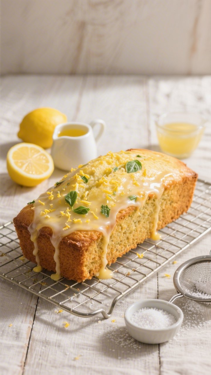 45-degree angle shot of a zesty lemon-basil loaf just glazed: a golden, tight-crumb loaf on a wire rack with a glossy citrus glaze dripping down the sides; visible flecks of finely grated lemon zest and finely chopped basil in the crumb; a small pitcher of leftover glaze, whole lemons and a cut lemon half nearby, a dusting of granulated sugar in a pinch bowl, and a sifter; neutral linen and light wood backdrop for a clean, contemporary feel, bright morning light