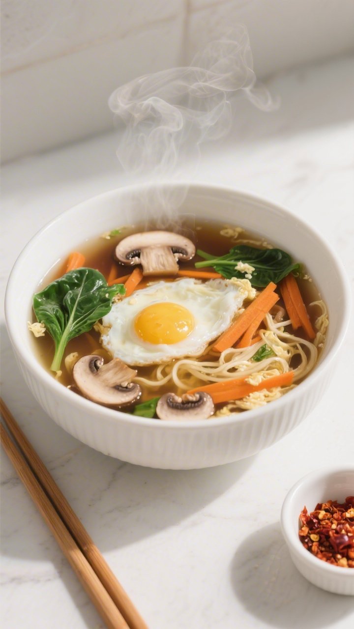 45-degree angle, weeknight 20-minute hot and sour egg drop soup in a simple white ceramic bowl: clear chicken or vegetable broth with visible soy sauce tint, soft egg ribbons streaming through, sliced cremini mushrooms, julienned carrots, and wilted baby spinach leaves; a light swirl of rice vinegar on the surface, steam rising, minimal props—wooden chopsticks and a small ramekin of chili flakes—clean, bright weekday kitchen mood for speed and comfort.