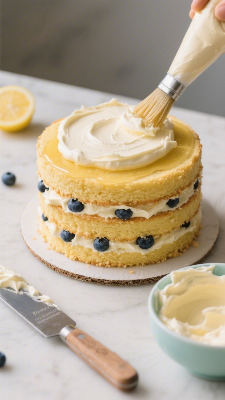 45-degree assembly scene of the “Blueberry Lemon Mascarpone Cake” stacking: three golden lemon sponge layers on a cake board, each brushed with simple syrup using a pastry brush; a thick swoop of mascarpone filling evenly spread between layers; a bench scraper nearby; pastel buttercream in a bowl ready for the crumb coat. Emphasize neat, even layers and structural stability; soft, inviting color palette; crisp, appetizing crumbs and creamy filling detail.