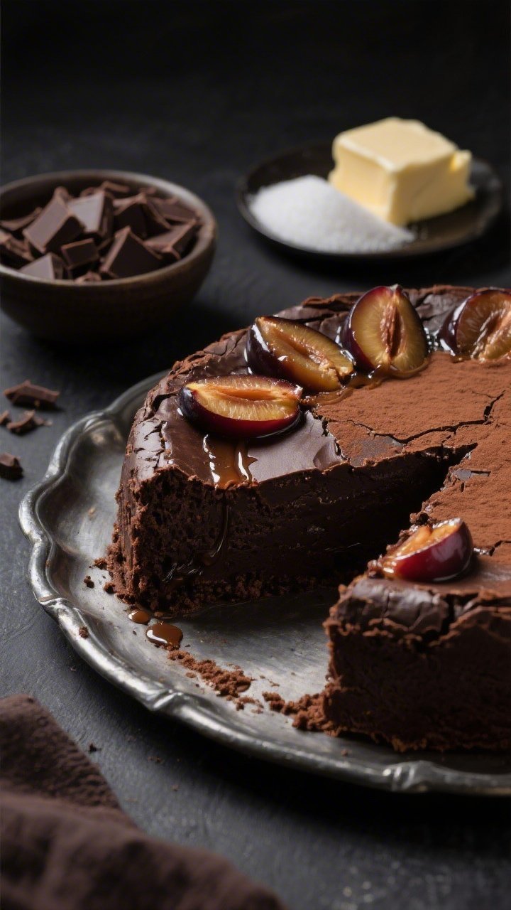 45-degree close-up of a Flourless Dark Chocolate Plum Torte: a dense, crackled top dusted with Dutch-process cocoa, a slice removed to reveal fudgy 70% dark chocolate interior, thin roasted plum wedges sinking into the surface, syrupy plum juices staining the edges; include nearby props showing key ingredients—8 oz chopped dark chocolate in a bowl, cubed unsalted butter softening, a small mound of 150 g sugar—on a dark pewter tray with a soft spotlight for glossy highlights and a romantic, secretive mood.