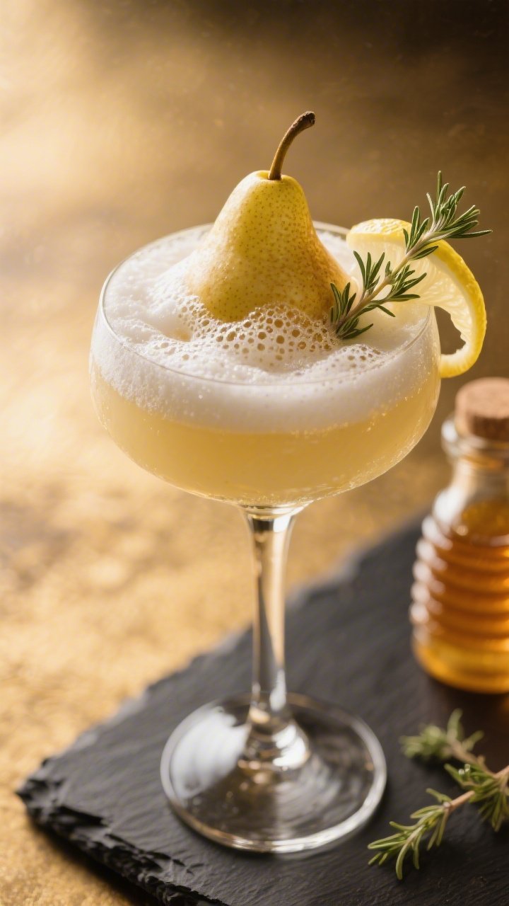 45-degree close-up of a Pear & Thyme Royale with Honey Foam: flute glass with silky pear purée at the base topped by chilled Prosecco, crowned with a glossy, micro-bubbled honey-thyme foam; a delicate lemon twist draped on the rim; thyme sprig and a small bottle of honey-thyme syrup blurred in the background; warm golden highlights emphasizing the foam’s sheen and pear’s creamy texture; luxurious, spotlight-stealing presentation on a dark slate board.