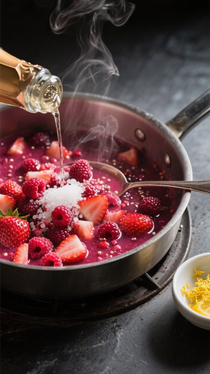 45-degree close-up of a saucepan simmering rosy berry confetti compote: mixed berries (chopped strawberries, whole raspberries, and sliced strawberries) bursting into glossy juices with visible seeds, sugar crystals dissolving, a spoon drizzling in a splash of champagne or sparkling wine, a tiny dish of lemon zest/essence nearby; vibrant magenta-red tones with steam curling up, thickening texture captured mid-bubble, set on a matte charcoal cooktop for contrast.