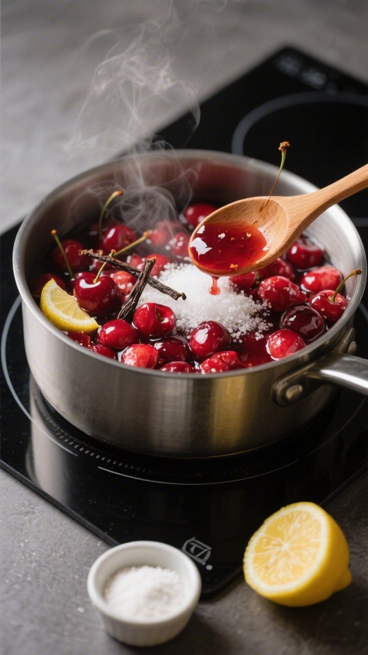 45-degree close-up of a saucepan with Cherry Compote Filling simmering: roughly chopped pitted sweet cherries glistening, visible granulated sugar granules melting, a splash of lemon juice, cornstarch slurry being stirred in to thicken, steam rising; saturated reds and deep magentas, tiny vanilla bean flecks, a wooden spoon lifting a glossy, jewel-toned spoonful to show syrupy consistency; set on a matte black induction hob with a small ramekin of cornstarch and a cut lemon half as props.