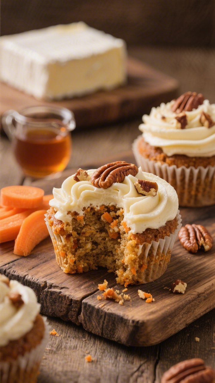 45-degree close-up of Carrot Cake Cupcakes on a rustic wooden board: moist carrot-studded crumb visible in a halved cupcake, maple cream cheese frosting piped in soft swirls, sprinkled with toasted chopped pecans and a whisper of cinnamon; include shaved carrots, a tiny pitcher of maple syrup, and a block of cream cheese in the background slightly out of focus; warm, cozy tones with soft side lighting to bring out texture and sheen.
