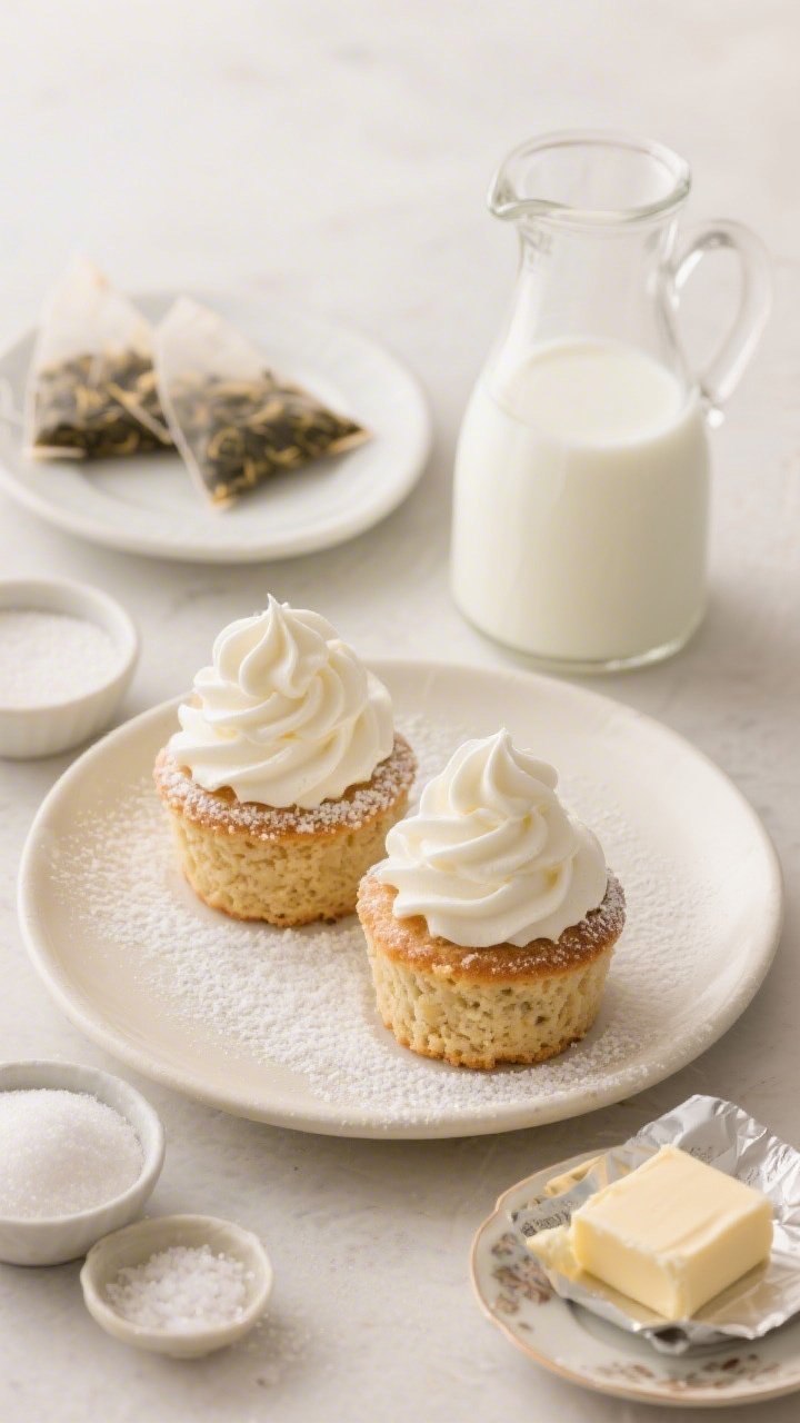 45-degree close-up of petite Earl Grey tea cakes on a matte ivory plate, each topped with a generous swirl of whipped vanilla Chantilly showing soft peaks; tender crumb made from a blend of all-purpose flour and almond flour, with subtle Earl Grey notes; include a styled ingredient vignette nearby: 3/4 cup whole milk in a small carafe, 2 Earl Grey tea bags, granulated sugar in a pinch bowl, baking powder, fine sea salt, and a stick of unsalted butter on a wrapper; light powdered sugar dusting, refined vintage tea service accents, airy and inviting mood.