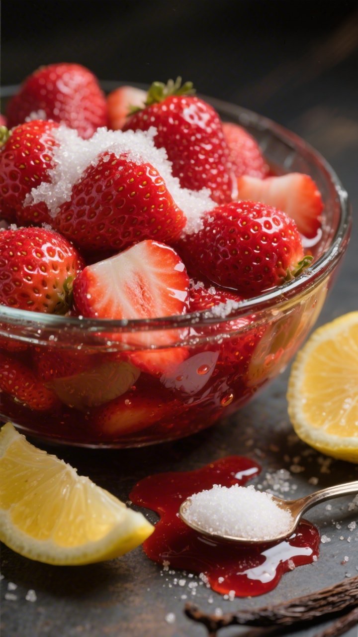 45-degree close-up of Strawberry Maceration in progress: a glass bowl filled with 1 1/2 lbs sliced fresh strawberries glistening as granulated sugar dissolves into a glossy syrup; lemon wedges and a small spoon of vanilla bean paste nearby; visible sugar crystals half-melted and droplets of ruby-red juices pooling; vibrant reds with subtle yellow highlights, moody backdrop to emphasize jammy sweetness, tight depth of field to show seed-speckled berry surfaces.