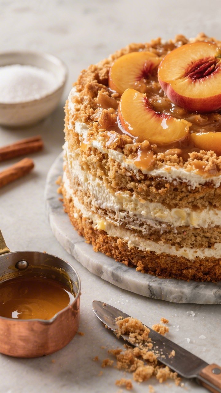 45-degree close-up of the Brown Butter Bakery-Style Peach Cobbler Layer Cake crumb, highlighting the glossy sheen from browned unsalted butter and neutral oil in the batter; visible tender crumb with granulated sugar sweetness, layered with caramelized peaches and cinnamon crumble. Set on a matte stone slab with a small copper saucepan of browned butter (toasty milk solids), a bowl of granulated sugar, and a knife with cake crumbs. Warm amber tones, bakery-counter mood, shallow depth of field.