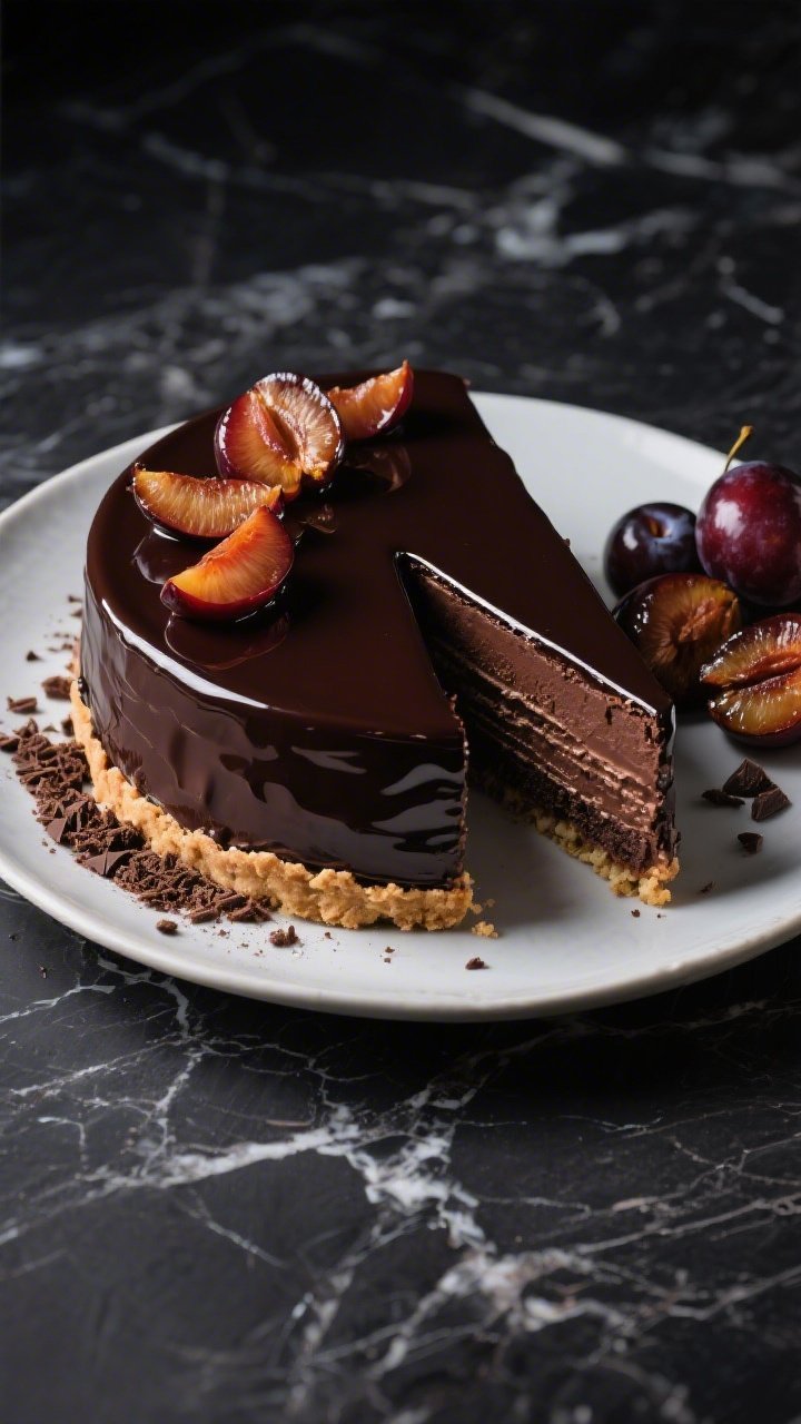 45-degree hero shot of a Glossy Dark Chocolate Torte with Roasted Plum Velvet: a sleek chocolate wafer cookie crust (200 g cookies, melted butter, pinch of salt) holding a mirror-gloss dark chocolate filling (66–72% cacao), topped with a lush layer of roasted plum compote that looks like liquid velvet, garnished with a few lacquered plum wedges; a slice plated to show clean strata, chocolate crumbs on the plate, and a side dish with extra roasted plums; moodily lit on a charcoal marble surface to evoke midnight elegance and deep jewel tones.