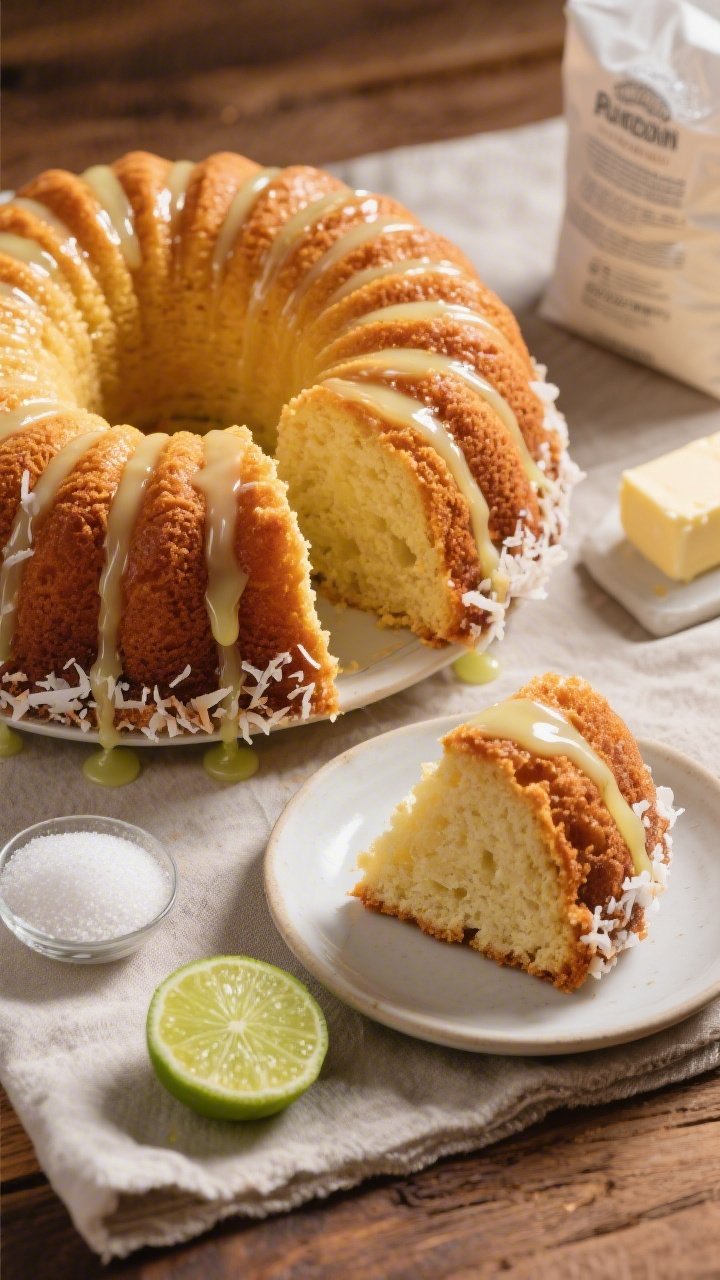 45-degree hero shot of a Sunburst Bundt: deeply defined ridges, burnished golden crust, draped with a glistening lime drizzle cascading into the grooves, and a ring of crisped coconut clinging to the glaze. Fine crumb detail at a sliced wedge on a small plate beside it. Include cake flour bag, granulated sugar, and softened butter on a linen, plus a halved lime for color. Clean, high-contrast light to emphasize texture and shine, warm wood surface, no people.