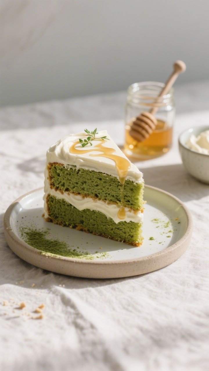 45-degree naked layer presentation of a Minimalist Matcha Layer Cake with Vanilla Mascarpone and honey: two exposed matcha sponge layers with visible edges, generous vanilla mascarpone filling rippled between layers and a thin top swoop, glistening honey drizzle pooling subtly. Garnish with a few microcrumbs and a restrained dusting of matcha on the plate rim. Place a jar of honey with a dripper and a bowl of mascarpone off to the side; neutral ceramic cake stand on a light linen, bright natural light for a clean, modern, appetizing look.