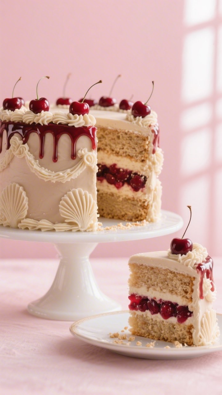 45-degree plated hero of the assembled vintage cake: stacked almond velvet layers filled with the cherry compote, iced in smooth almond buttercream with old-fashioned piped shells, swags, and rosettes; mirror-style cherry drip cascading evenly around the rim, glossy cherry accents nestled atop and along the border; set on a white milk-glass pedestal with a soft retro glam vibe, pale pink backdrop, cake slice removed to reveal bakery-style crumb and vibrant cherry stripe, clean crumbs on the plate, natural window light for appetizing sheen.