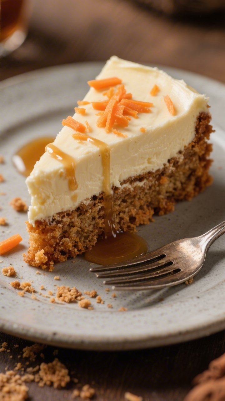45-degree plated presentation of a Carrot Cake Cheesecake slice showing distinct layers: moist carrot cake (all-purpose flour, granulated and light brown sugars, baking soda and powder, ground cinnamon) sandwiching a creamy cheesecake center; topped with a smooth maple cream cheese frosting that gently drips down the sides; visible grated carrot flecks and warm spice crumb; served on a matte stoneware plate with a fork mark, crumbs and a drizzle of maple syrup; warm, cozy lighting to emphasize texture.
