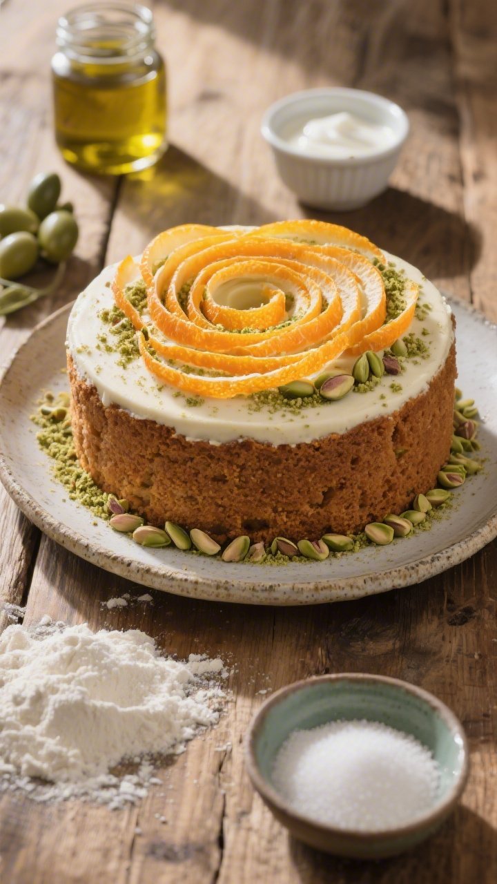 45-degree plated presentation of a Rustic Round cake with olive oil rind ribbons and pistachio dust: a tall, round olive oil cake on a rough ceramic plate, spiral ribbons of orange rind arranged across the top, a delicate shower of finely ground pistachio dust along one edge. Include styling elements from the ingredient list: a jar of extra-virgin olive oil, a ramekin of Greek yogurt, a small bowl of granulated sugar, and a light scatter of all-purpose flour on a rustic wooden table. Warm, sunlit Mediterranean mood, shallow depth of field to emphasize crumb texture and nut dusting.