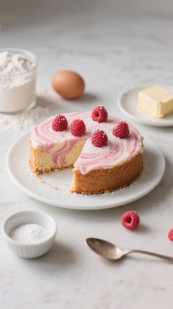 45-degree plated presentation of a small-batch mini cake for two with rosy raspberry swirls: a petite, single-layer round cake on a small white plate, tender marble crumb with soft pink ribbons visible in a tidy wedge slice; lightly swooshed frosting or glaze with a few fresh raspberries and a dusting of fine sugar; props include modest amounts of all-purpose flour, a single egg, a partially used stick of unsalted butter, and a teaspoon near a tiny bowl of baking powder/soda to suggest the scaled-down bake; intimate, romantic mood with gentle highlights and shallow depth of field.