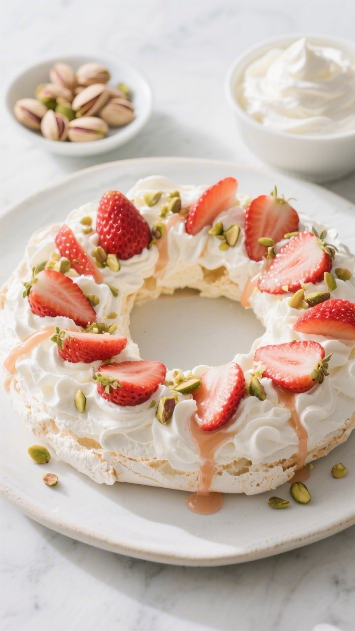 45-degree plated presentation of a Strawberry Cream Pavlova Wreath with Pistachios: crisp, crackly meringue ring with marshmallow-soft center, topped with billowy whipped cream, glossy sliced strawberries macerated lightly, crushed pistachios scattered for color and crunch, thin ribbons of strawberry syrup drizzled; a bowl of whipped cream and a handful of whole pistachios in background; cool, bright spring styling on a pale ceramic platter with gentle backlighting to emphasize meringue texture and fruit freshness.