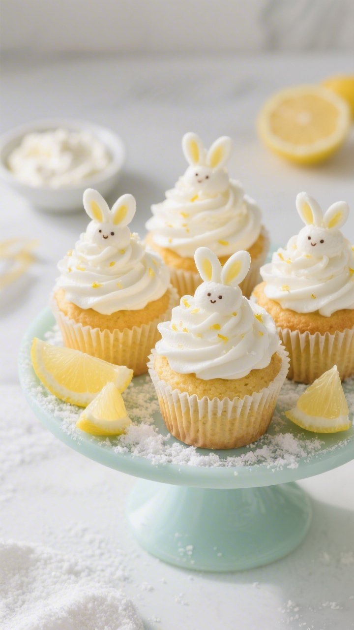 45-degree plated presentation of Lemon Ricotta Bunny Cupcakes with fluffy cloud frosting: golden, tender cupcakes (made with flour, baking powder, baking soda, fine salt, sugar, melted butter, and eggs) topped with billowy white frosting piped high like clouds; subtle zest speckles suggesting lemon, light dusting of powdered sugar “snow,” and delicate bunny-ear decorations; arranged on a pale pastel cake stand with lemon wedges and a small dish of ricotta in the background; bright, airy lighting emphasizing moist crumb and creamy frosting swirls.