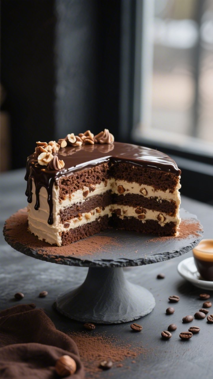 45-degree plated presentation of the finished café-style Mocha Hazelnut Espresso Cake with shiny ganache drip: three even mocha cake layers visibly moist from espresso soak, thick bands of hazelnut-praline mascarpone filling studded with praline bits, and an ultra-smooth mocha Swiss meringue buttercream finish. A precise, glossy dark chocolate ganache drip around the rim, topped with reserved hazelnut praline shards and a dusting of cocoa. Styled on a matte slate cake stand with scattered espresso beans and a demitasse of espresso nearby; soft café window light, moody backgrounds, razor-sharp focus on the slice showing distinct layers and textures.