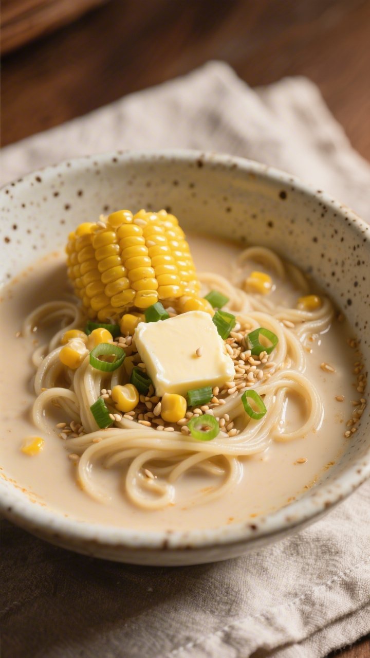 45-degree plated shot of Creamy Miso Ramen with sweet corn and butter: milky, pale-beige broth from vegetable or chicken stock blended with unsweetened oat milk or whole milk, enriched with white miso, soy sauce, and mirin. Curling noodles peek through the surface; a generous scoop of buttery sweet corn sits on top with a melting pat of butter, sprinkled with sliced scallions and toasted sesame seeds. Warm, cozy lighting, ceramic speckled bowl on a linen napkin, highlighting the creamy texture and golden corn pops.