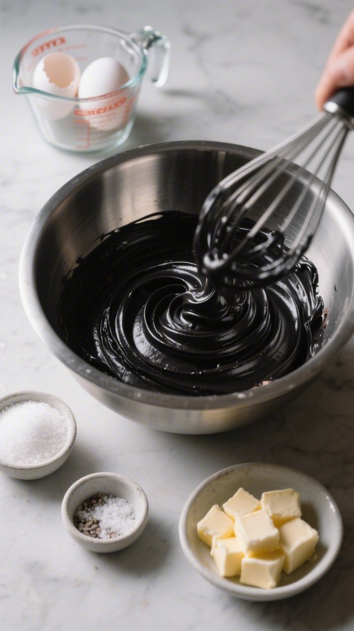 45-degree process shot of dramatic black cocoa Swiss meringue buttercream being whisked to silky peaks in a stainless steel bowl: satiny, near-black swirls with a luxurious sheen. Ingredients arranged around: egg whites in a glass measuring cup, granulated sugar in a small bowl, a pinch bowl of cream of tartar, fine sea salt, and room-temperature unsalted butter cut into neat cubes. Soft side lighting emphasizes the velvet texture and deep, inky color without any cake present.