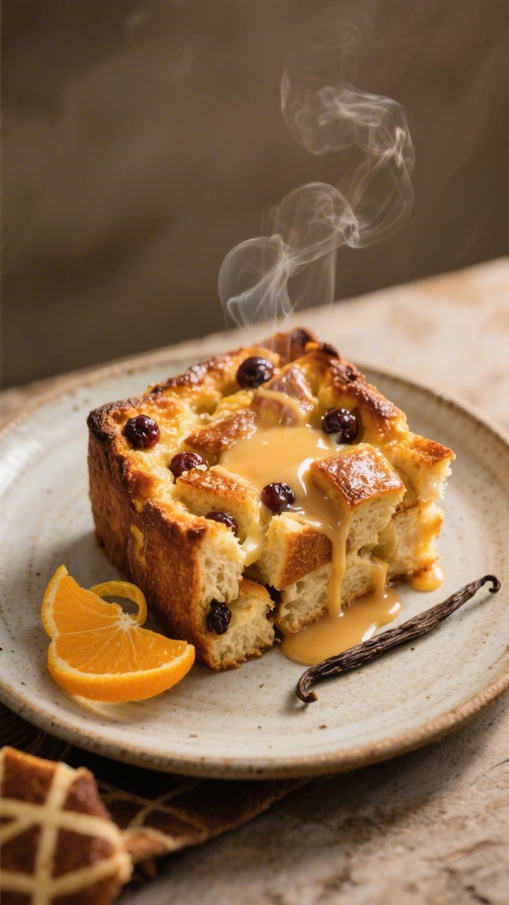 45-degree warm, cozy plated dessert of Hot Cross Bun Bread Pudding with vanilla-orange drizzle: deep-dish pudding made from chunky pieces of day-old hot cross buns soaked in a custard of whole milk, heavy cream, eggs, granulated and light brown sugars, vanilla; golden, puffed top with caramelized edges and visible currants; generous pour of glossy vanilla-orange sauce cascading over a served square on a rustic ceramic plate; citrus zest curls and a vanilla bean nearby; soft, golden-hour lighting with gentle steam rising.